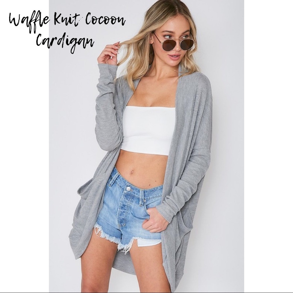 1 Left! Waffle Knit Cocoon Cardigan - Gray